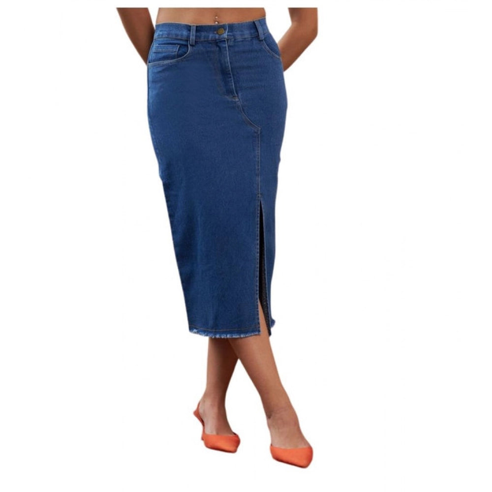 Snuggle Spot Women's Denim Lycra Solid Button Skirt (Blue)