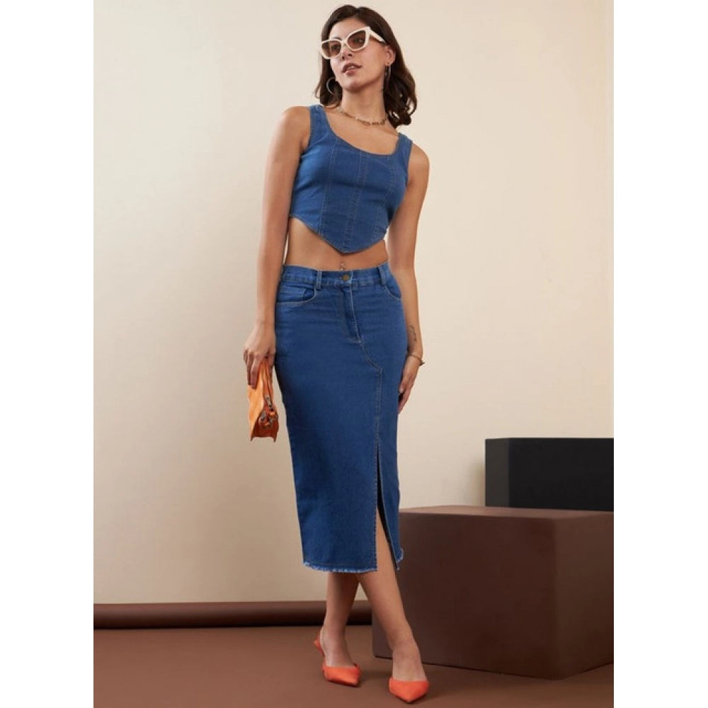 Snuggle Spot Women's Denim Lycra Solid Button Skirt (Blue)