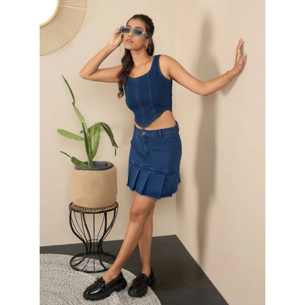 Snuggle Spot Women's Denim Washed Buttoned Skirt (Blue)