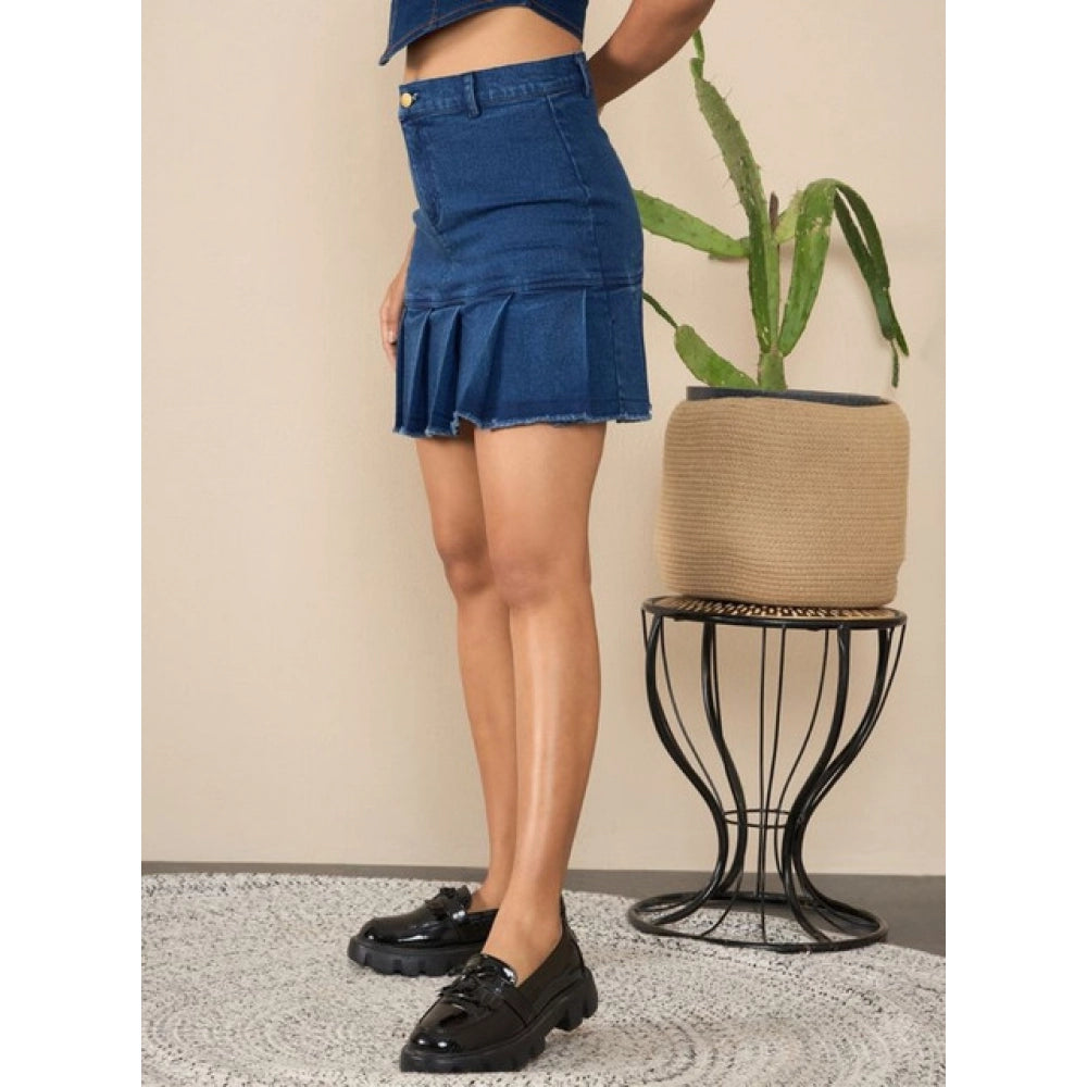 Snuggle Spot Women's Denim Washed Buttoned Skirt (Blue)