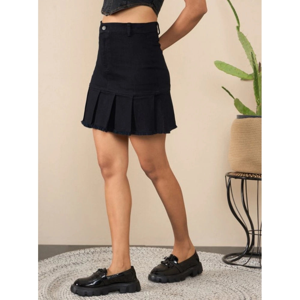 Snuggle Spot Women's Denim Washed Buttoned Skirt (Black)