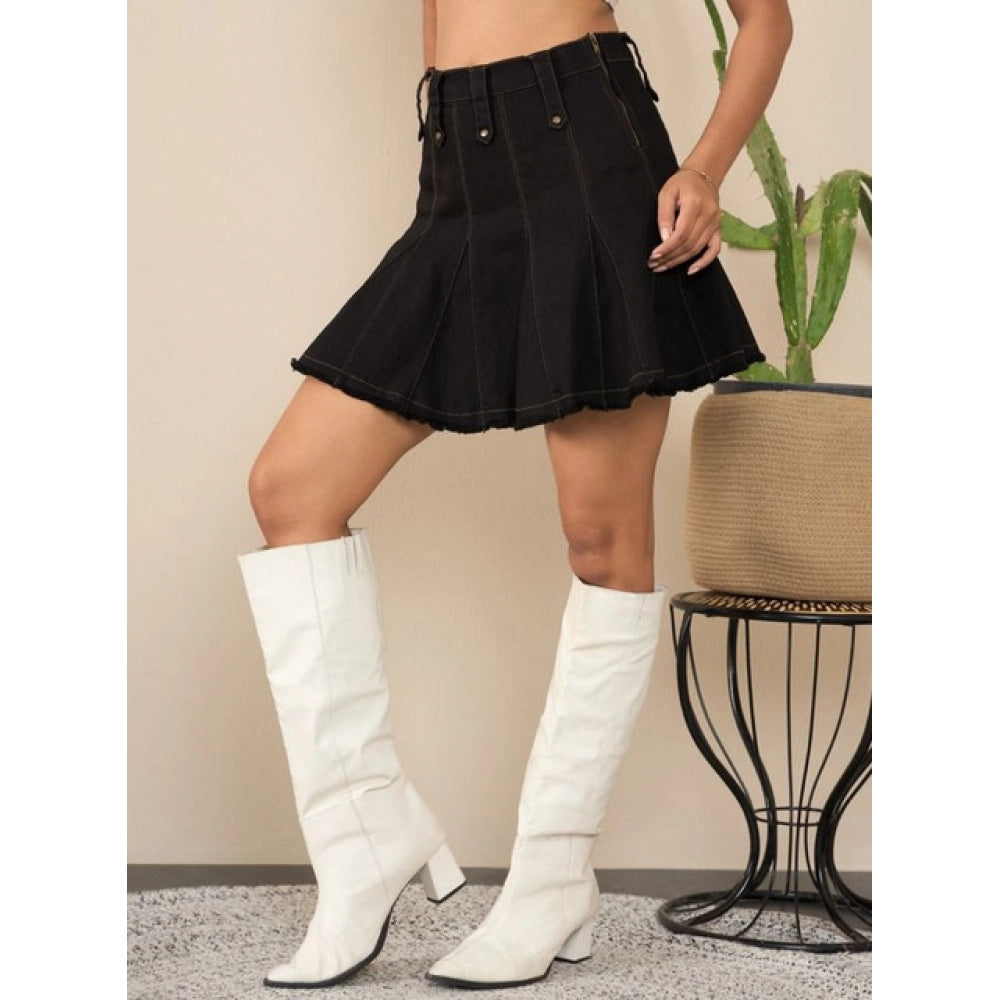 Snuggle Spot Women's Denim Washed Buttoned Skirt (Black)