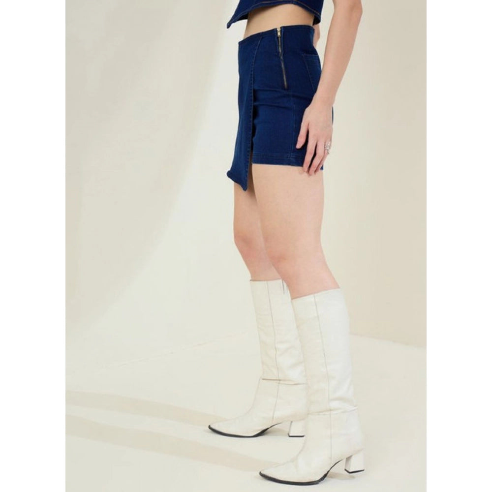 Snuggle Spot Women's Denim Lycra Solid Zip Closure Skorts (Navy)