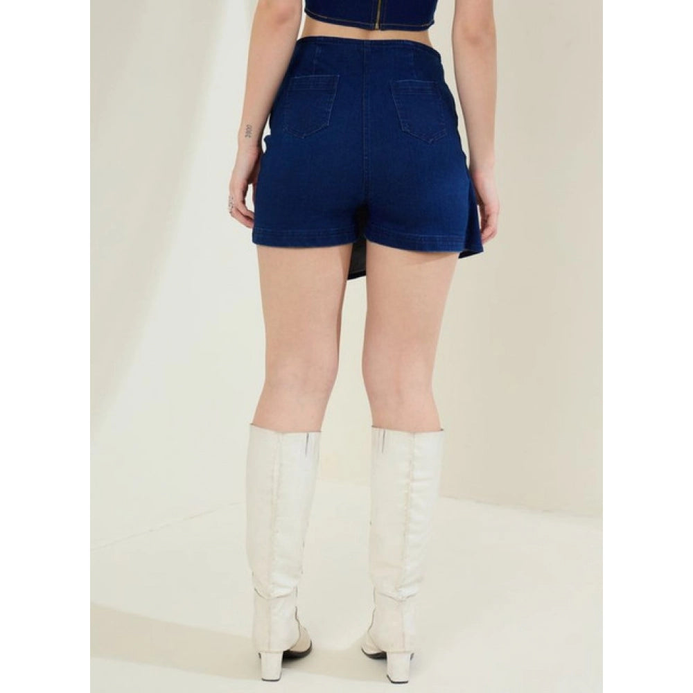 Snuggle Spot Women's Denim Lycra Solid Zip Closure Skorts (Navy)