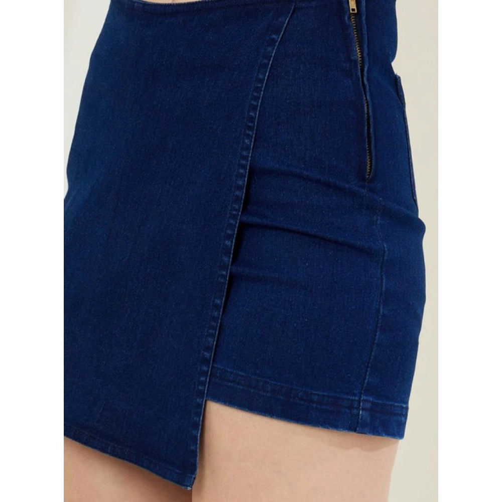 Snuggle Spot Women's Denim Lycra Solid Zip Closure Skorts (Navy)