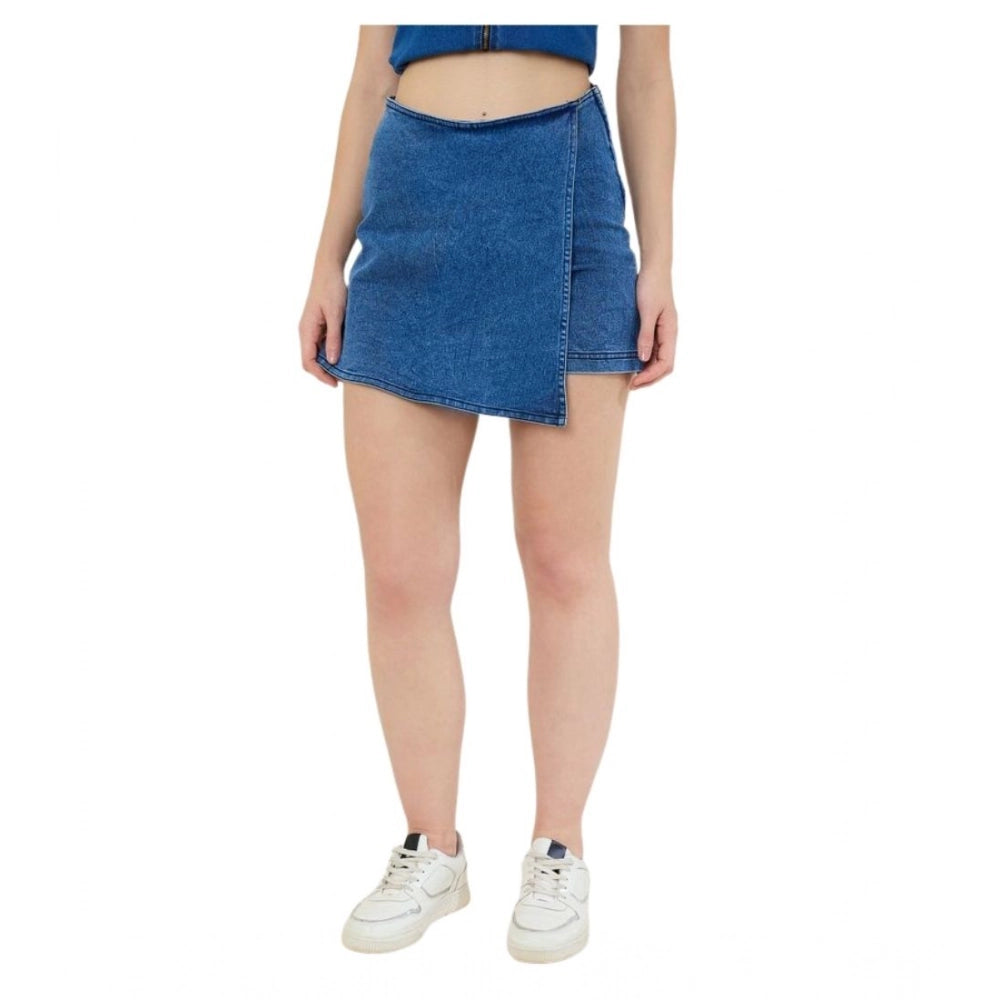 Snuggle Spot Women's Denim Lycra Solid Zip Closure Skorts (Blue)