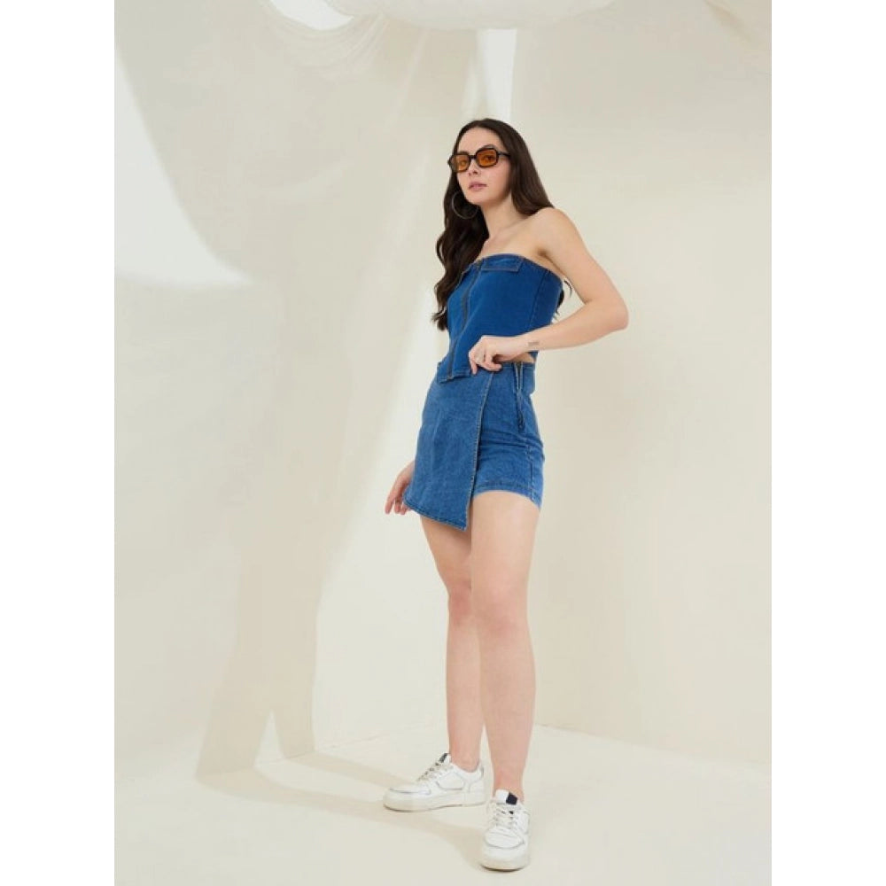 Snuggle Spot Women's Denim Lycra Solid Zip Closure Skorts (Blue)