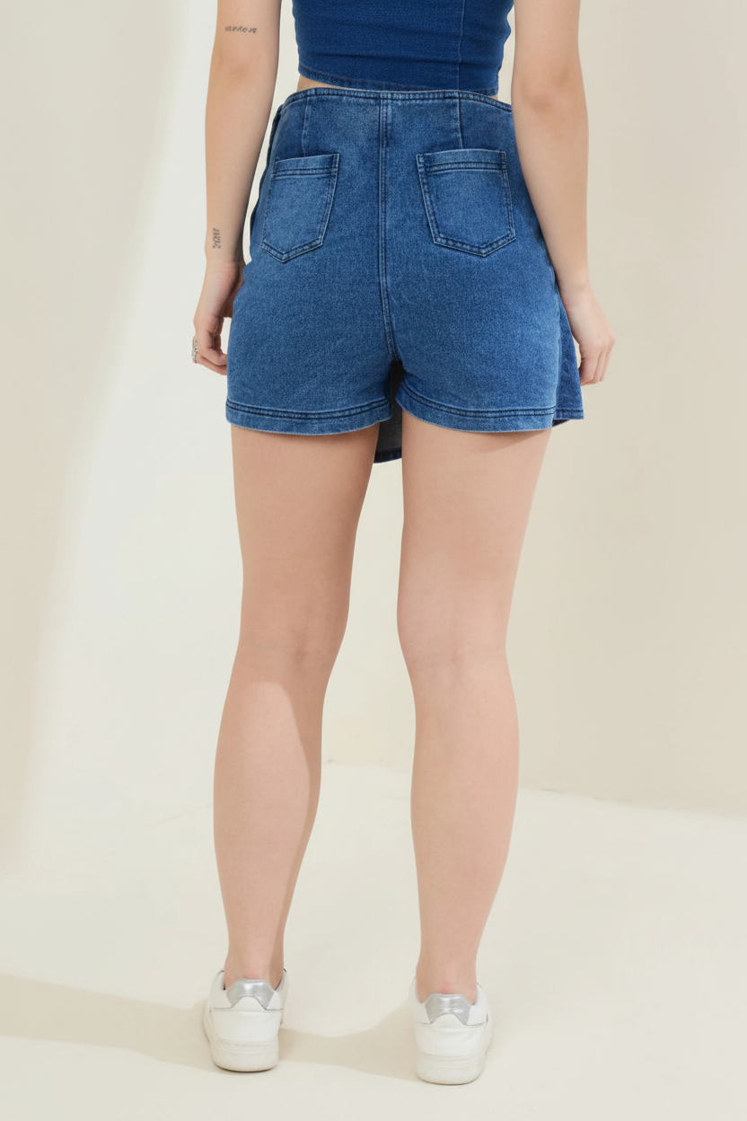 Snuggle Spot Women's Denim Lycra Solid Zip Closure Skorts (Blue)