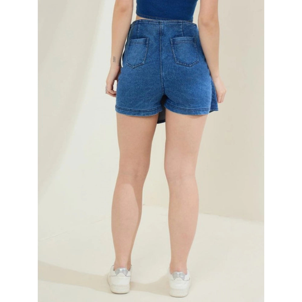 Snuggle Spot Women's Denim Lycra Solid Zip Closure Skorts (Blue)