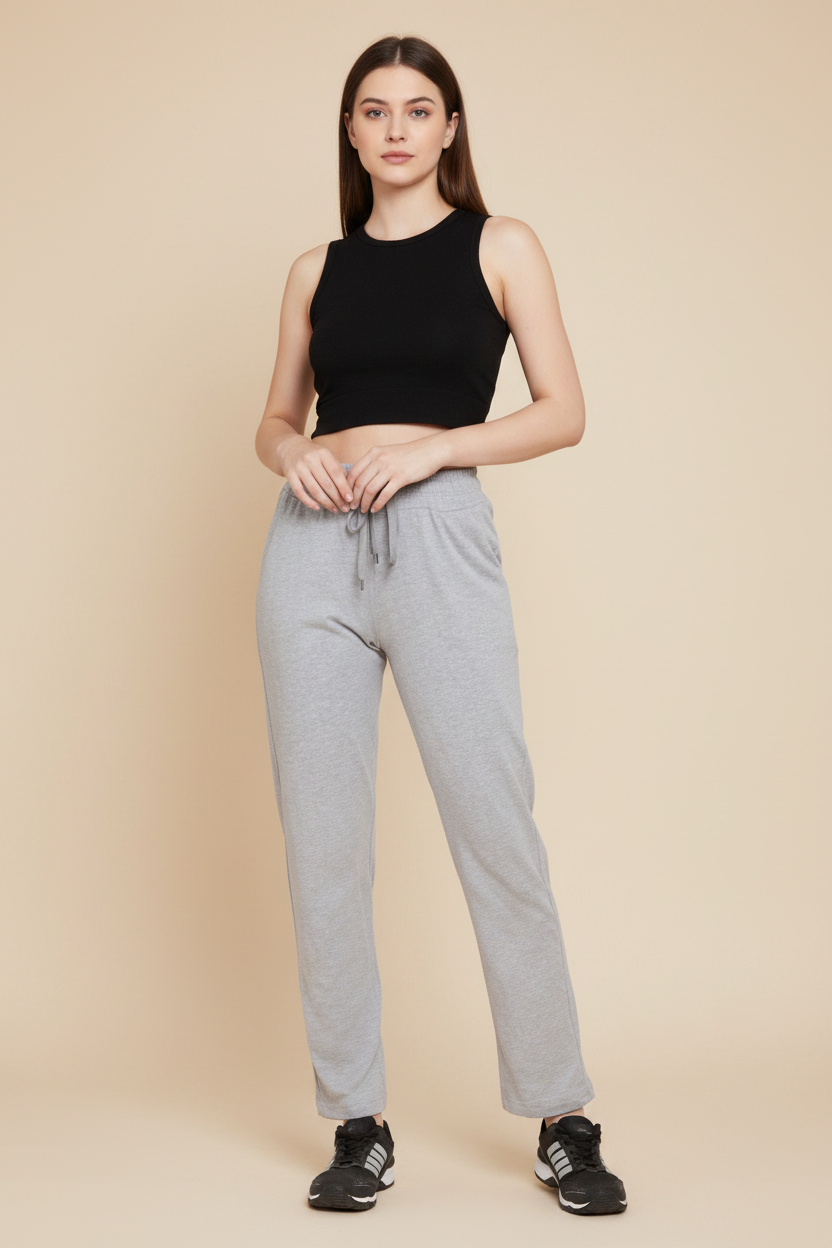 Snuggle Spot Women's Cotton Solid Elasticated Track Pants (Light Grey)