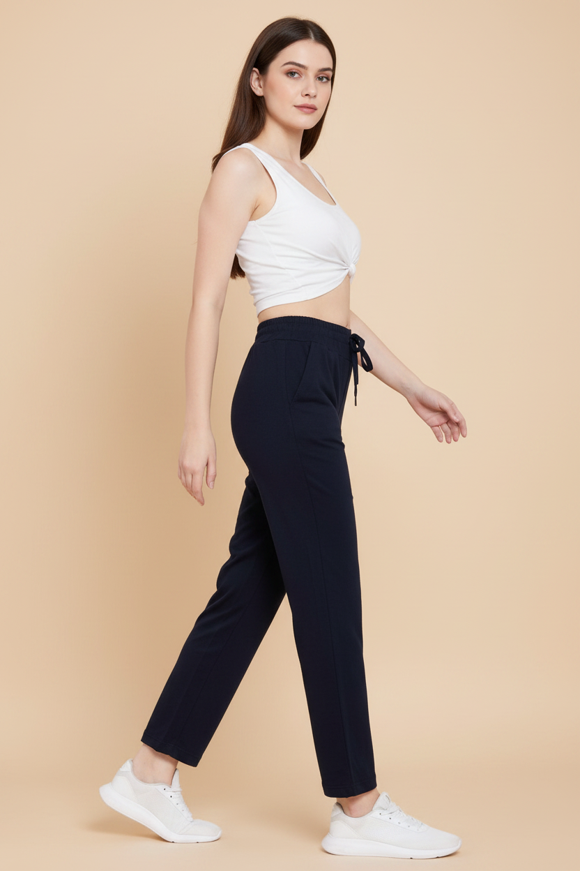 Snuggle Spot Women's Cotton Solid Elasticated Track Pants (Navy)