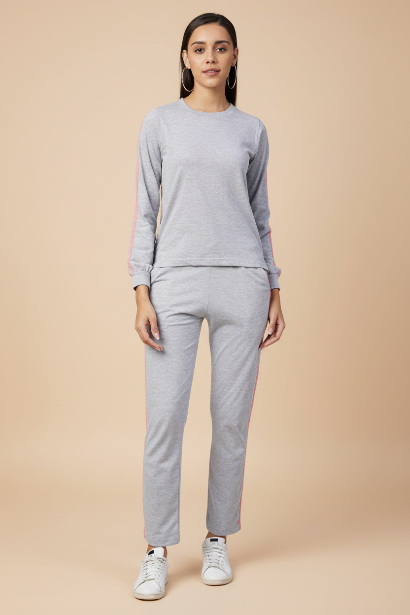 Snuggle Spot Women's Cotton Solid Long Sleeves Tracksuit (Light Grey - Pink)