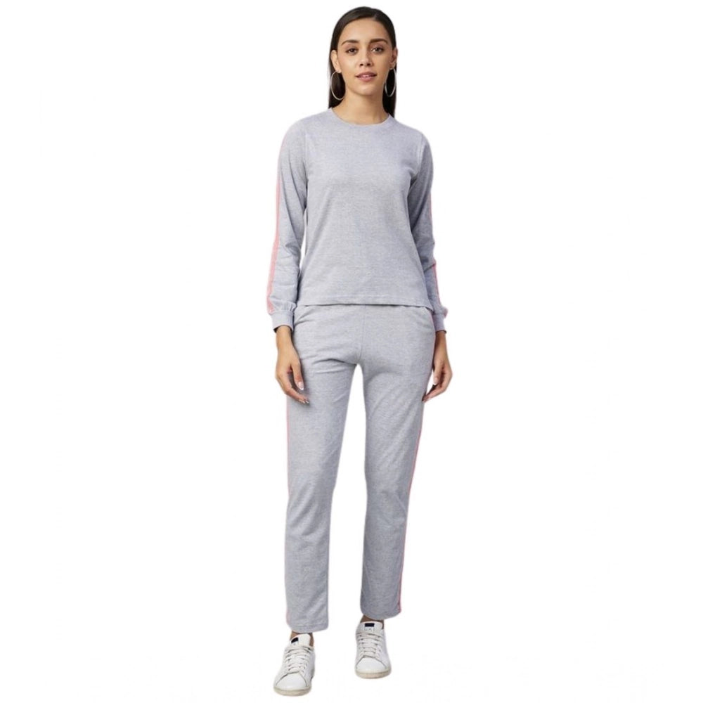 Snuggle Spot Women's Cotton Solid Long Sleeves Tracksuit (Light Grey - Pink)