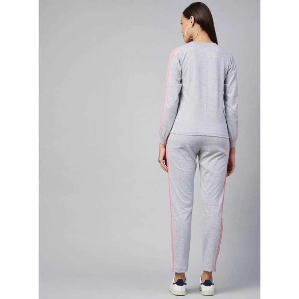 Snuggle Spot Women's Cotton Solid Long Sleeves Tracksuit (Light Grey - Pink)