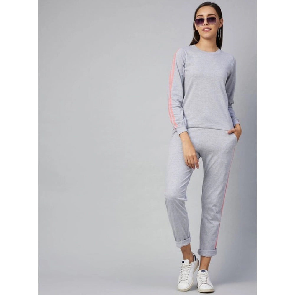 Snuggle Spot Women's Cotton Solid Long Sleeves Tracksuit (Light Grey - Pink)