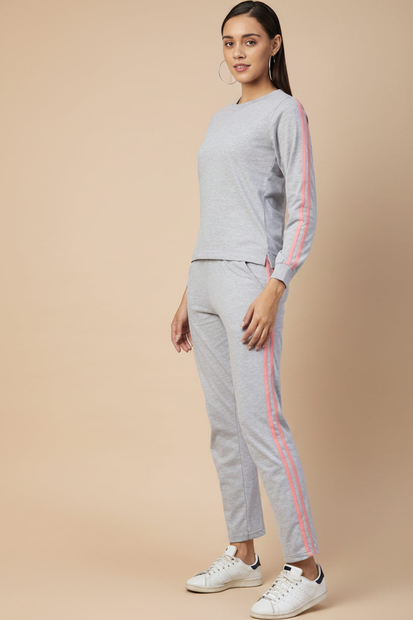 Snuggle Spot Women's Cotton Solid Long Sleeves Tracksuit (Light Grey - Pink)