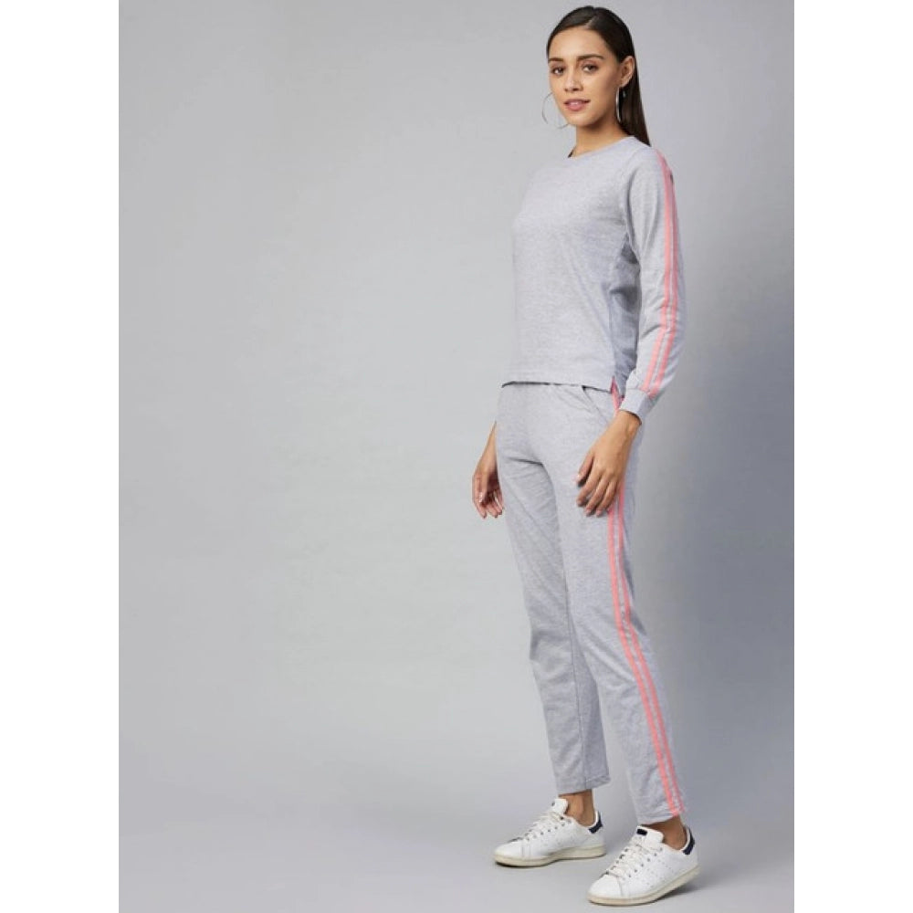 Snuggle Spot Women's Cotton Solid Long Sleeves Tracksuit (Light Grey - Pink)