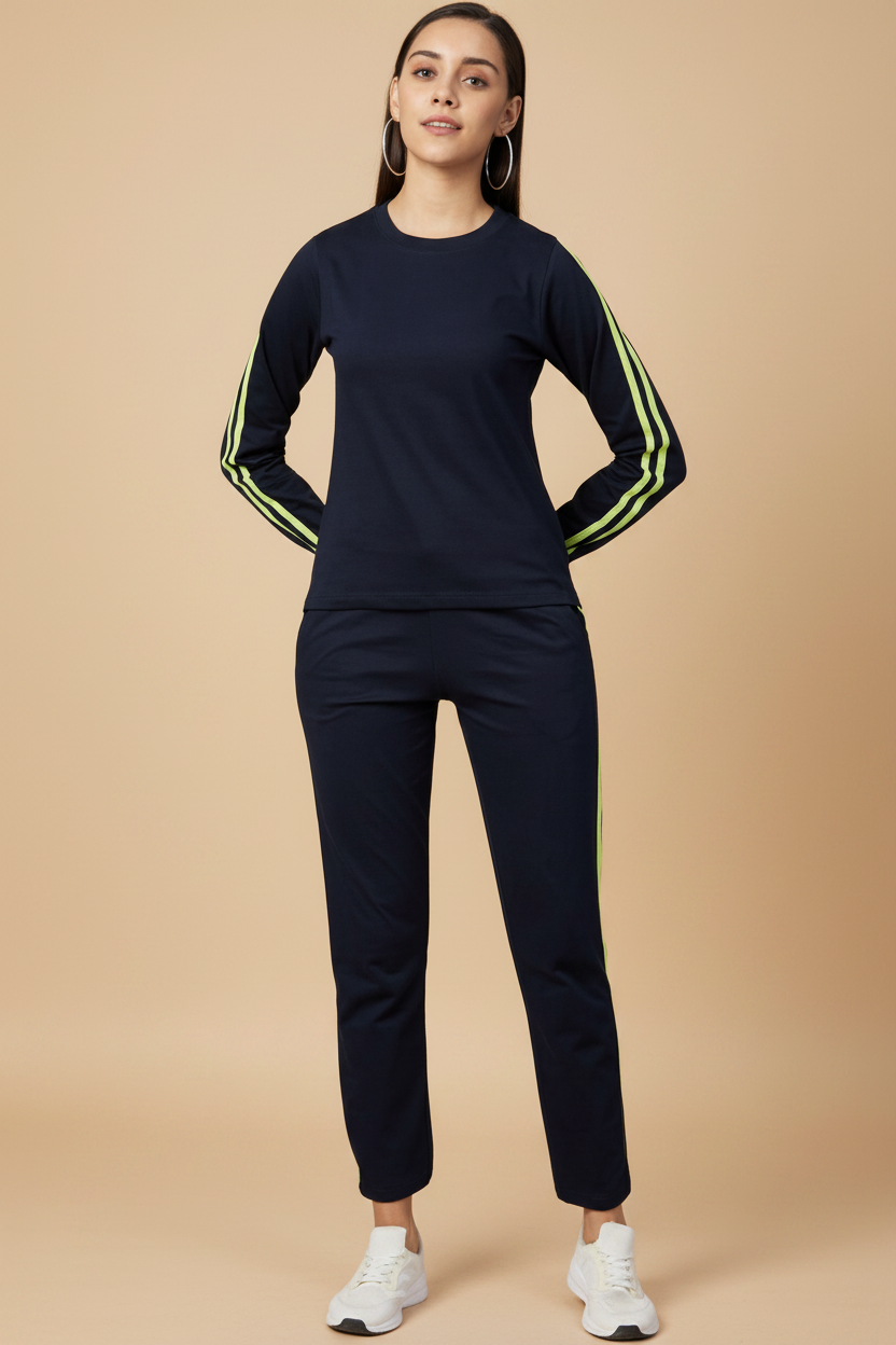 Snuggle Spot Women's Cotton Solid Long Sleeves Tracksuit (Navy - Green)