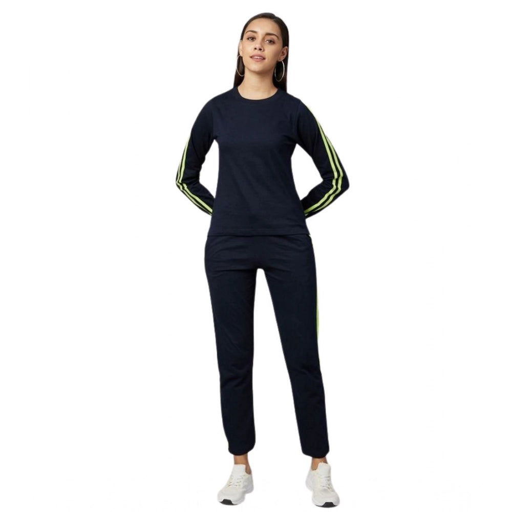 Snuggle Spot Women's Cotton Solid Long Sleeves Tracksuit (Navy - Green)