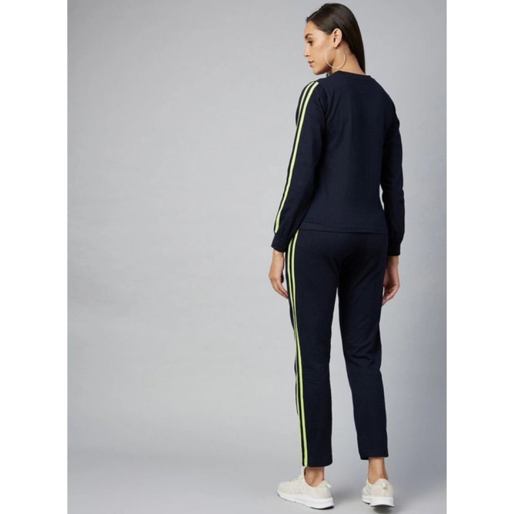 Snuggle Spot Women's Cotton Solid Long Sleeves Tracksuit (Navy - Green)