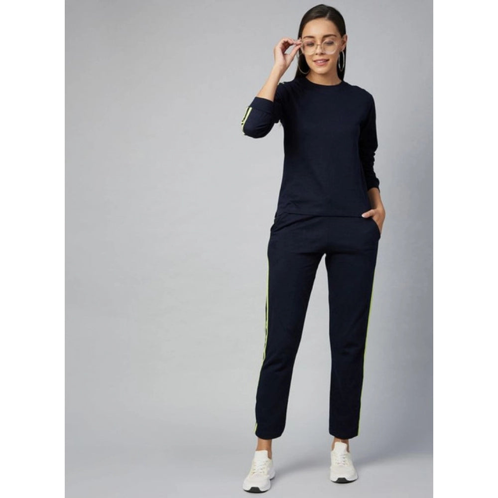 Snuggle Spot Women's Cotton Solid Long Sleeves Tracksuit (Navy - Green)