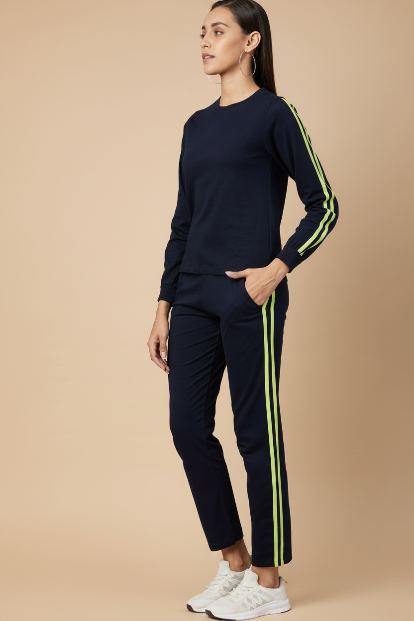Snuggle Spot Women's Cotton Solid Long Sleeves Tracksuit (Navy - Green)