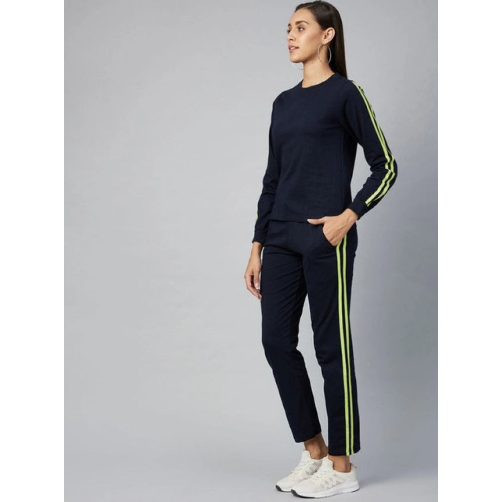 Snuggle Spot Women's Cotton Solid Long Sleeves Tracksuit (Navy - Green)