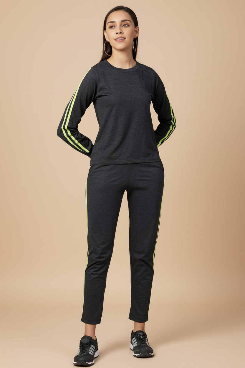 Snuggle Spot Women's Cotton Solid Long Sleeves Tracksuit (Dark Grey - Green)