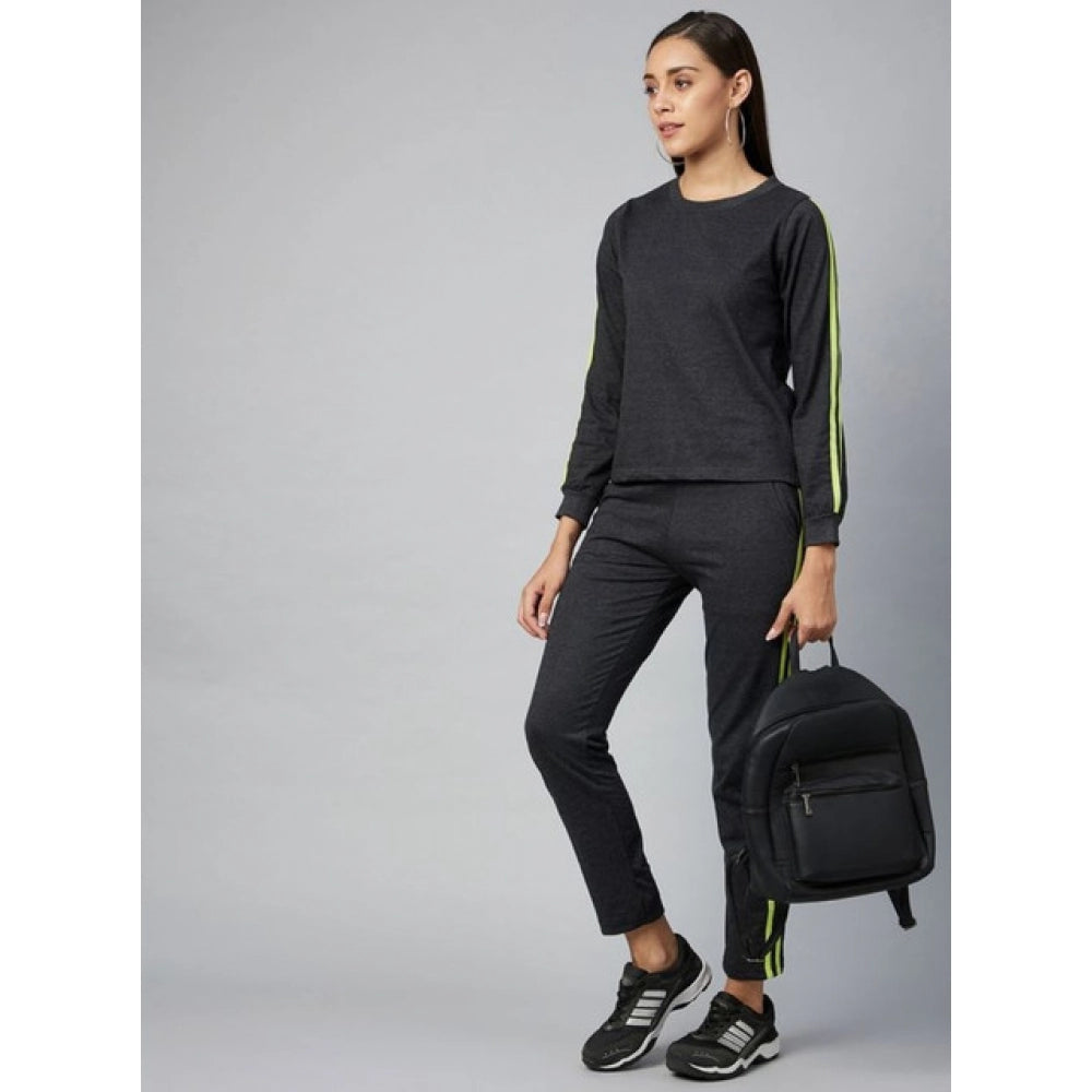 Snuggle Spot Women's Cotton Solid Long Sleeves Tracksuit (Dark Grey - Green)