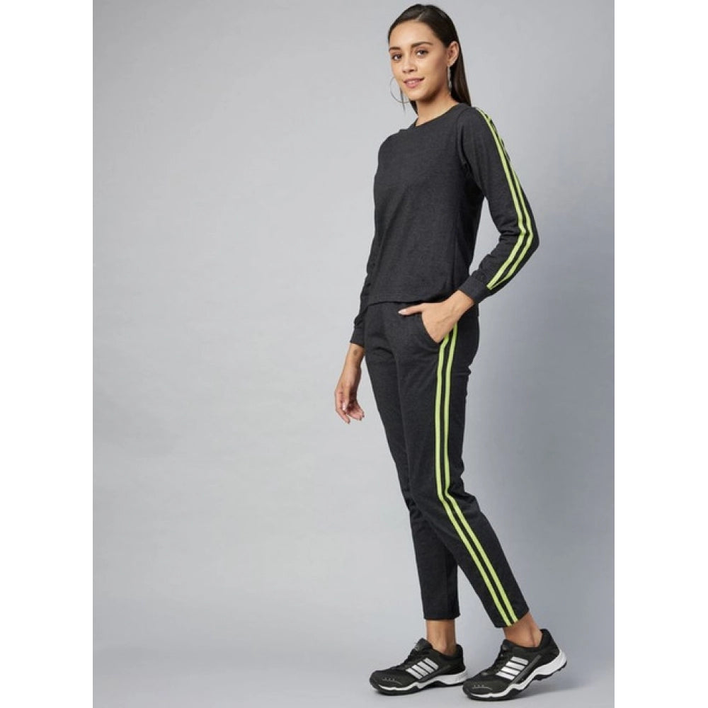Snuggle Spot Women's Cotton Solid Long Sleeves Tracksuit (Dark Grey - Green)