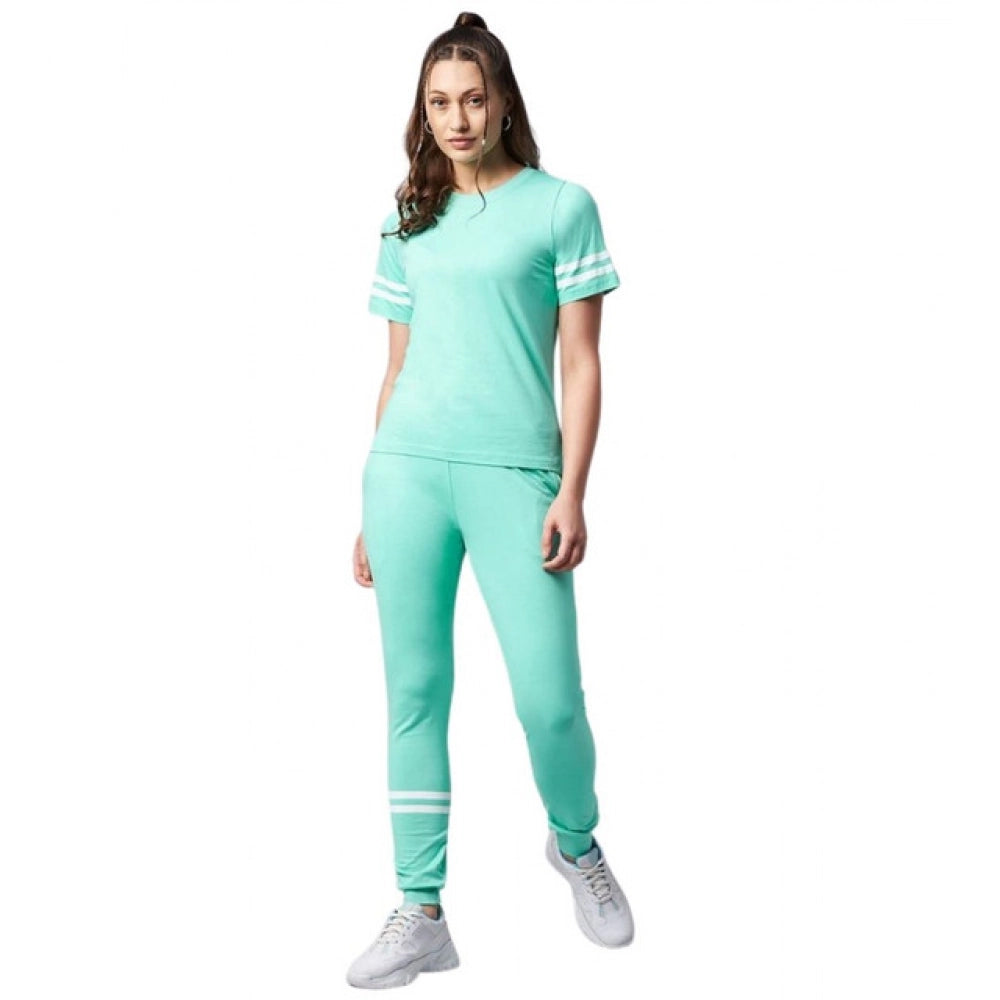 Snuggle Spot Women's Cotton Striped Short Sleeve Tracksuit (Green)