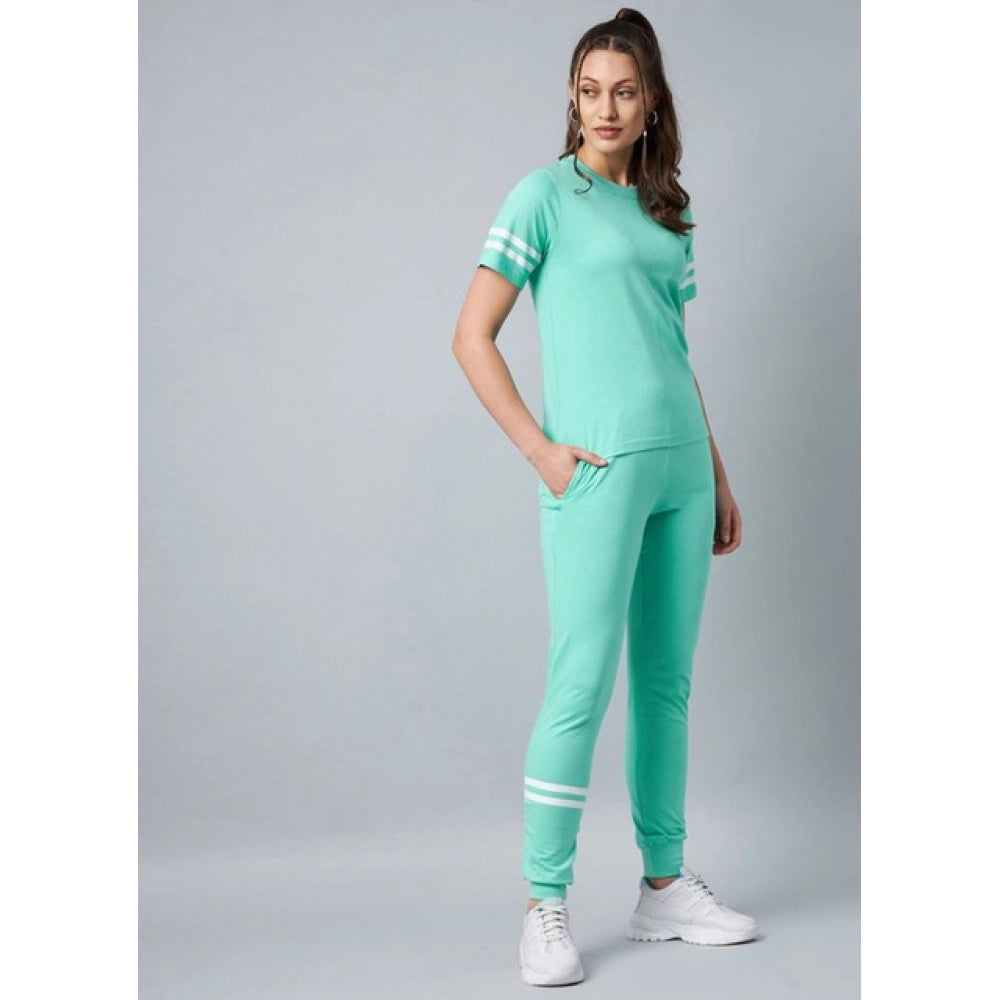 Snuggle Spot Women's Cotton Striped Short Sleeve Tracksuit (Green)