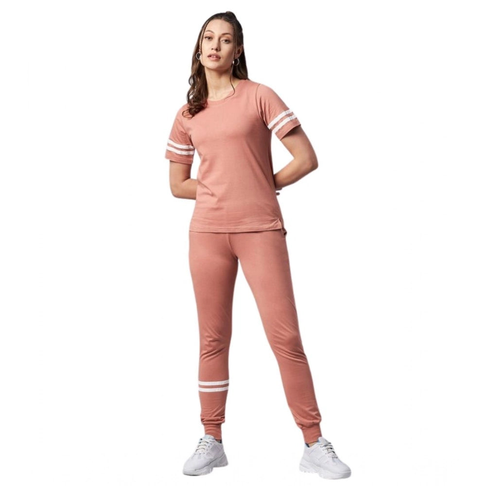 Snuggle Spot Women's Cotton Striped Short Sleeve Tracksuit (Pink)