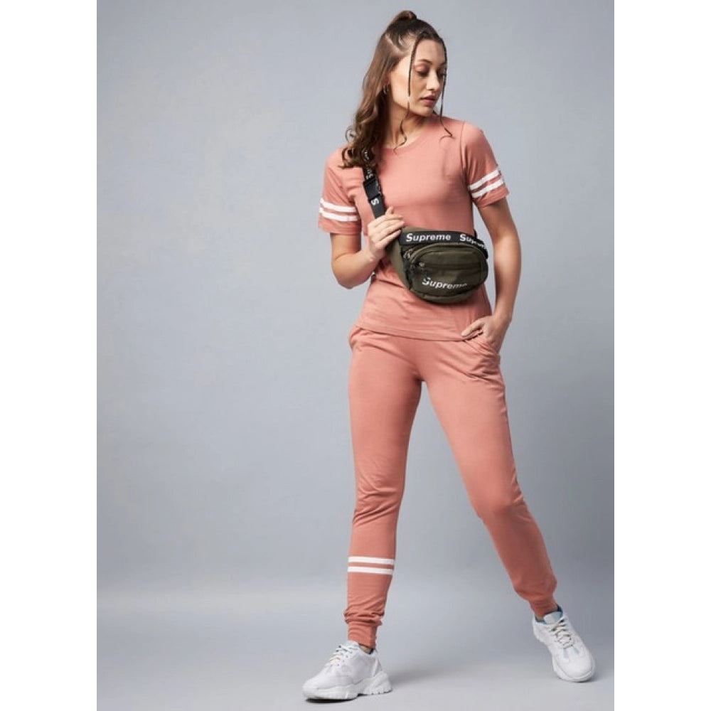 Snuggle Spot Women's Cotton Striped Short Sleeve Tracksuit (Pink)
