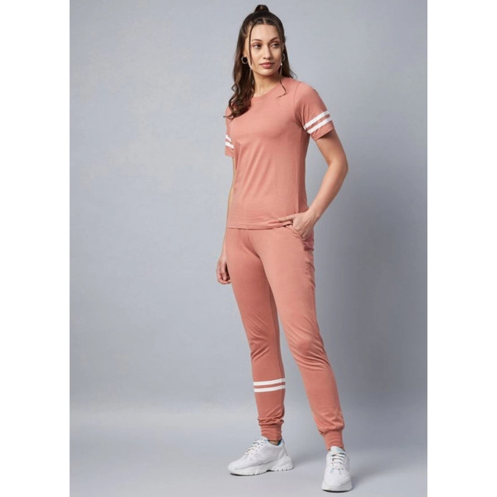 Snuggle Spot Women's Cotton Striped Short Sleeve Tracksuit (Pink)