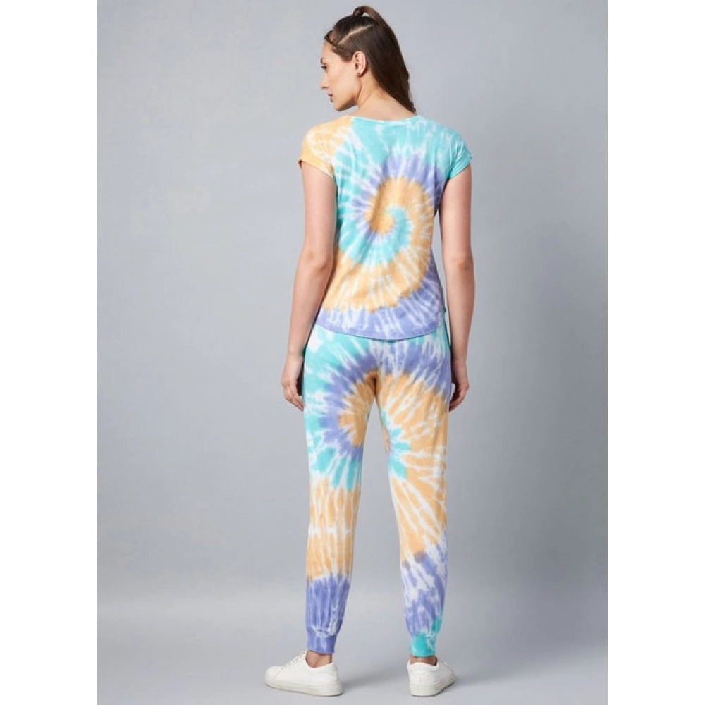 Snuggle Spot Women's Cotton Tie And Dye Short Sleeve Tracksuit (Multicolor)