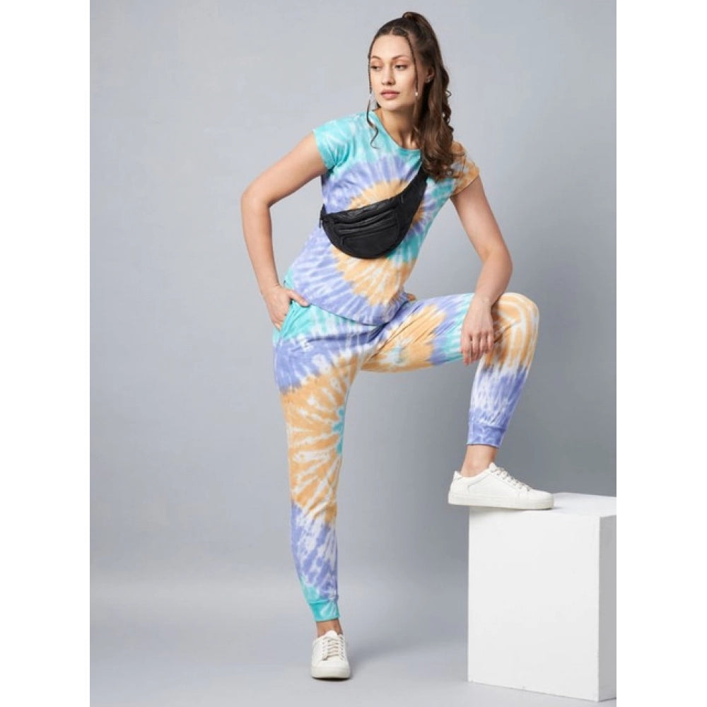 Snuggle Spot Women's Cotton Tie And Dye Short Sleeve Tracksuit (Multicolor)