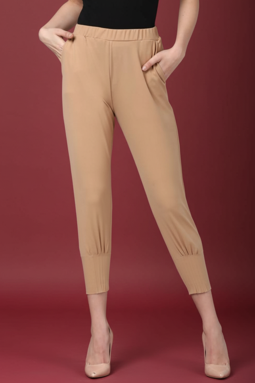 Snuggle Spot Women's Polyester Solid Elasticated Trousers (Beige)