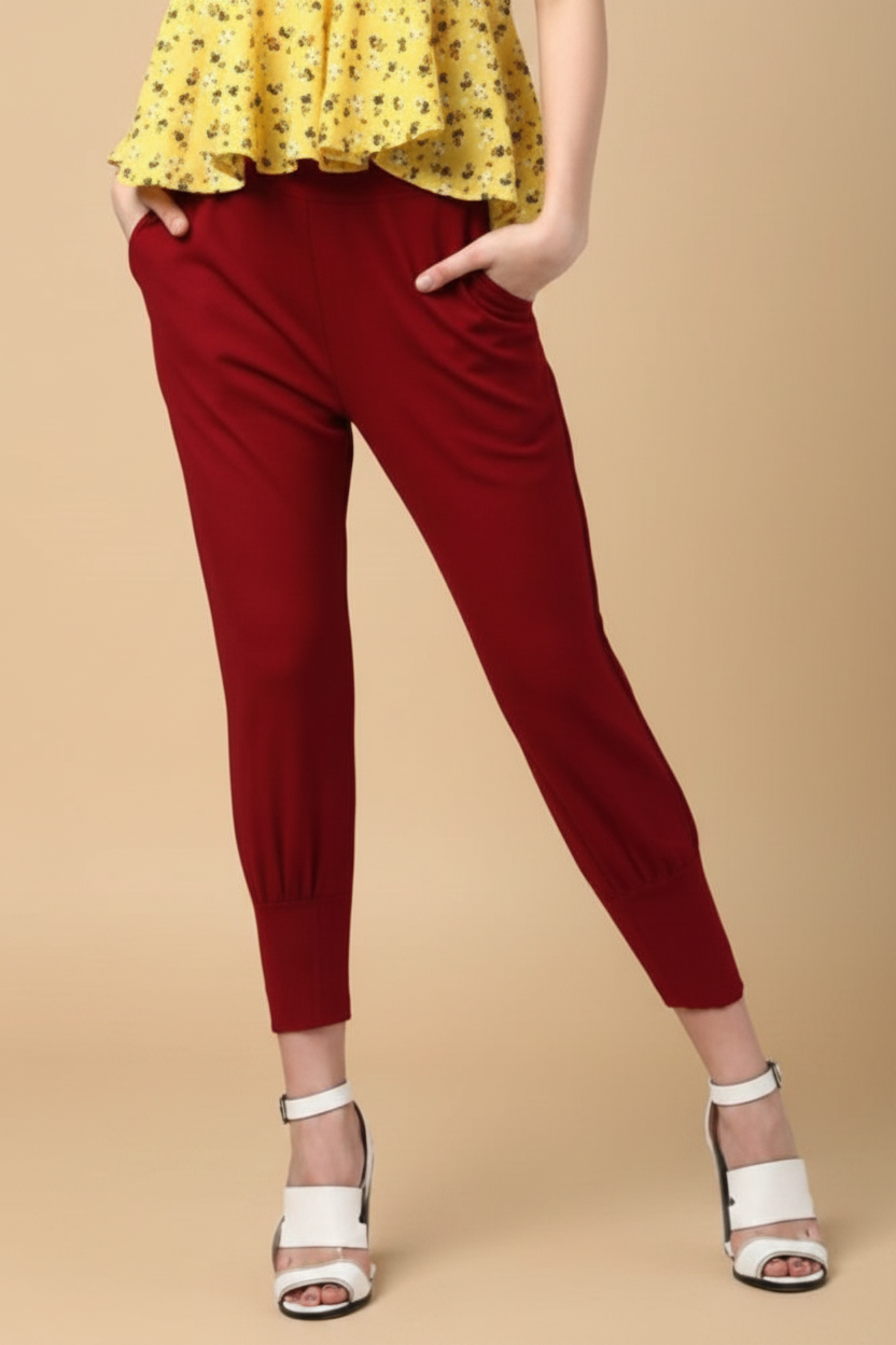 Snuggle Spot Women's Polyester Solid Elasticated Trousers (Maroon)
