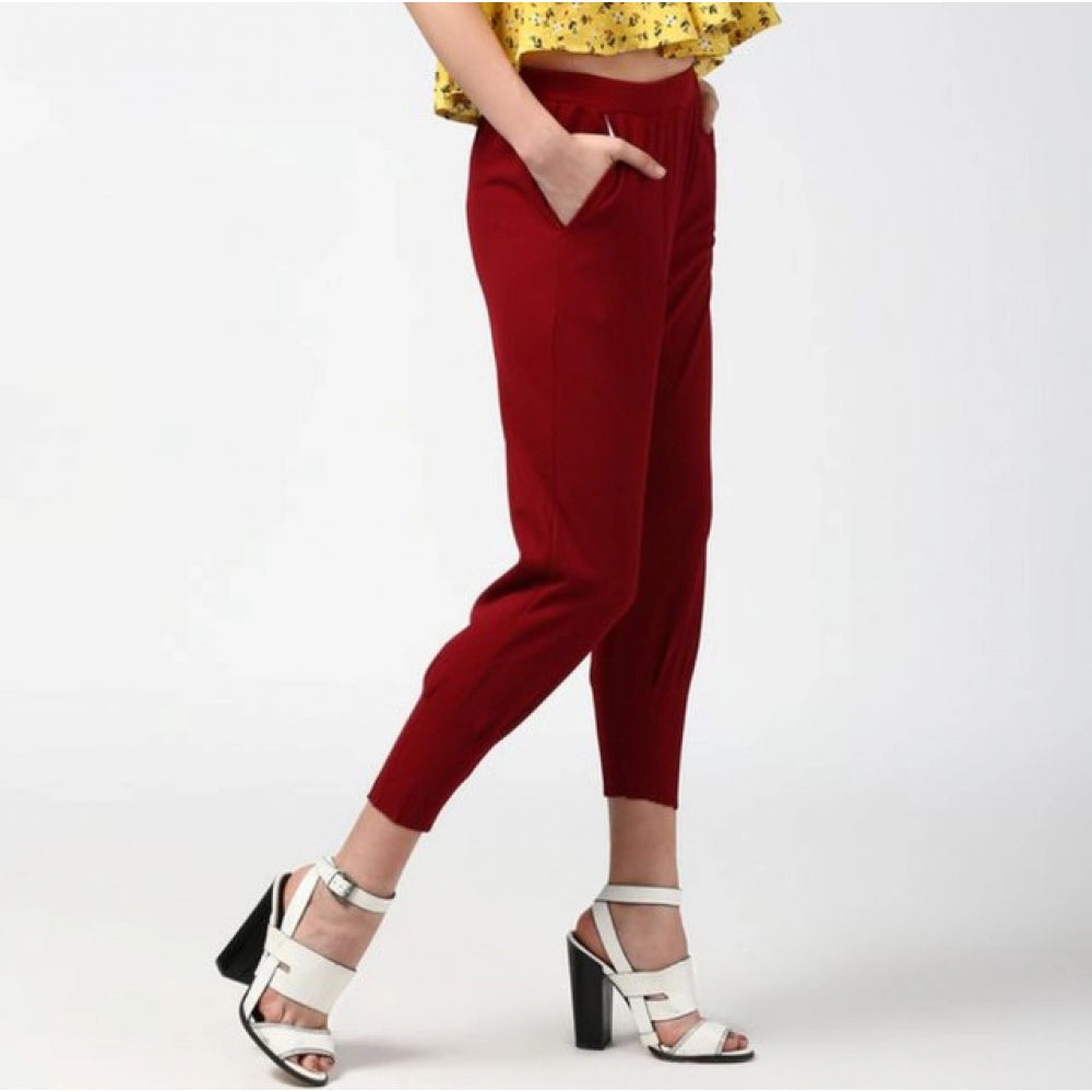 Snuggle Spot Women's Polyester Solid Elasticated Trousers (Maroon)