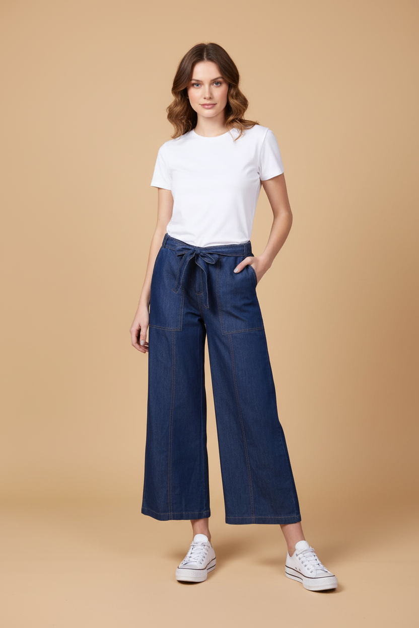 Snuggle Spot Women's Denim Solid Elasticated Trousers (Blue)