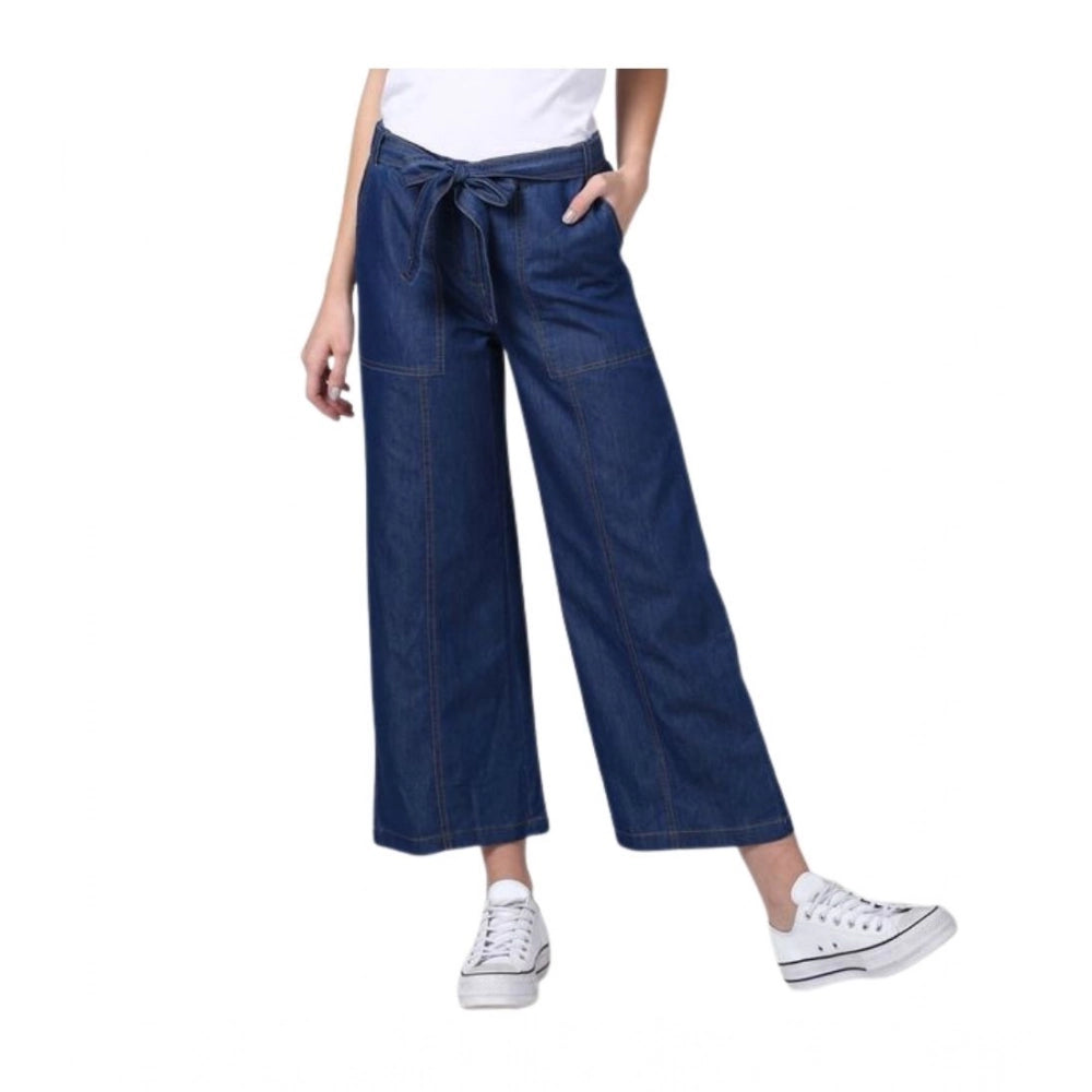 Snuggle Spot Women's Denim Solid Elasticated Trousers (Blue)