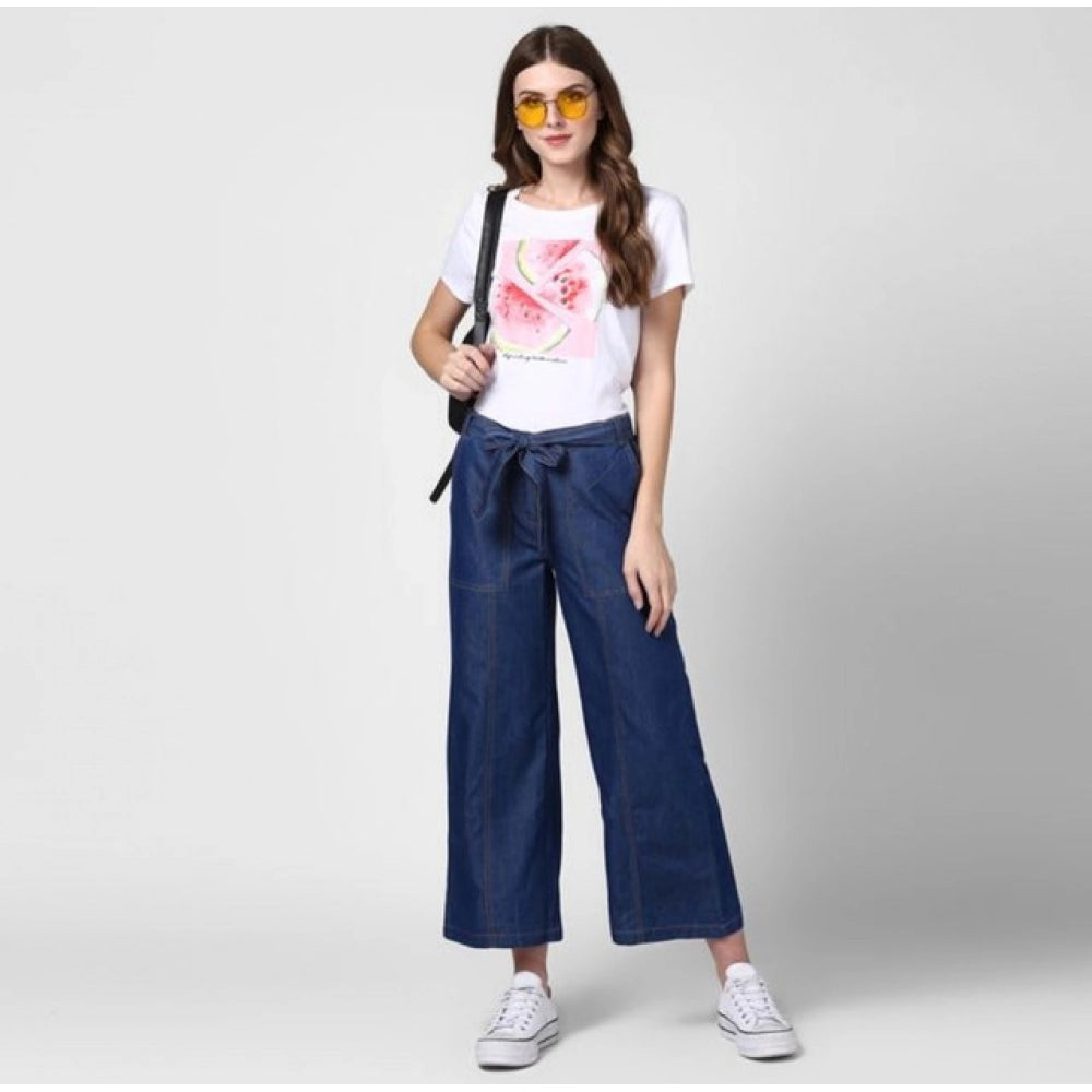 Snuggle Spot Women's Denim Solid Elasticated Trousers (Blue)