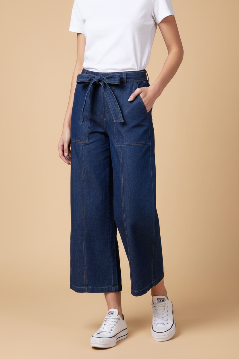 Snuggle Spot Women's Denim Solid Elasticated Trousers (Blue)