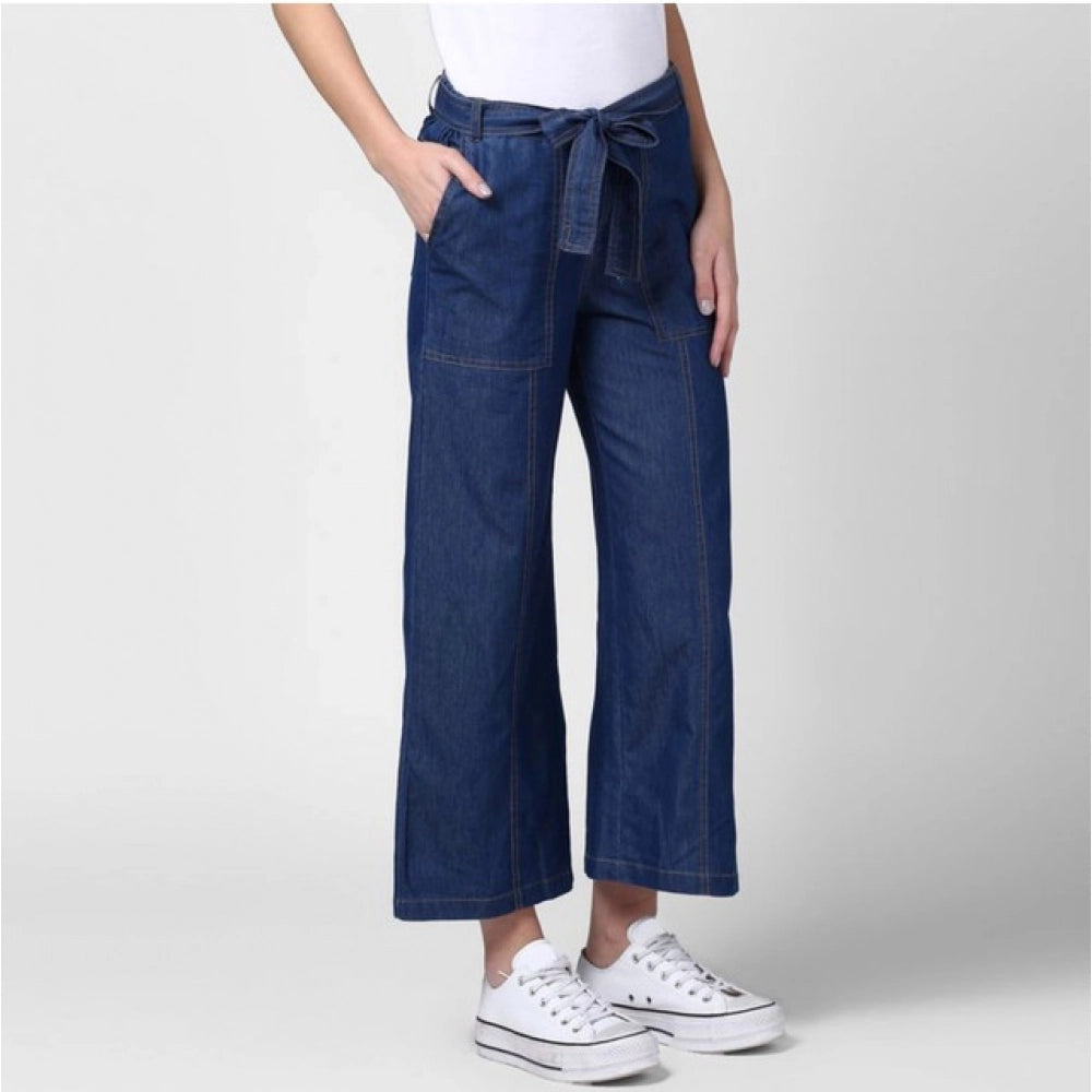 Snuggle Spot Women's Denim Solid Elasticated Trousers (Blue)