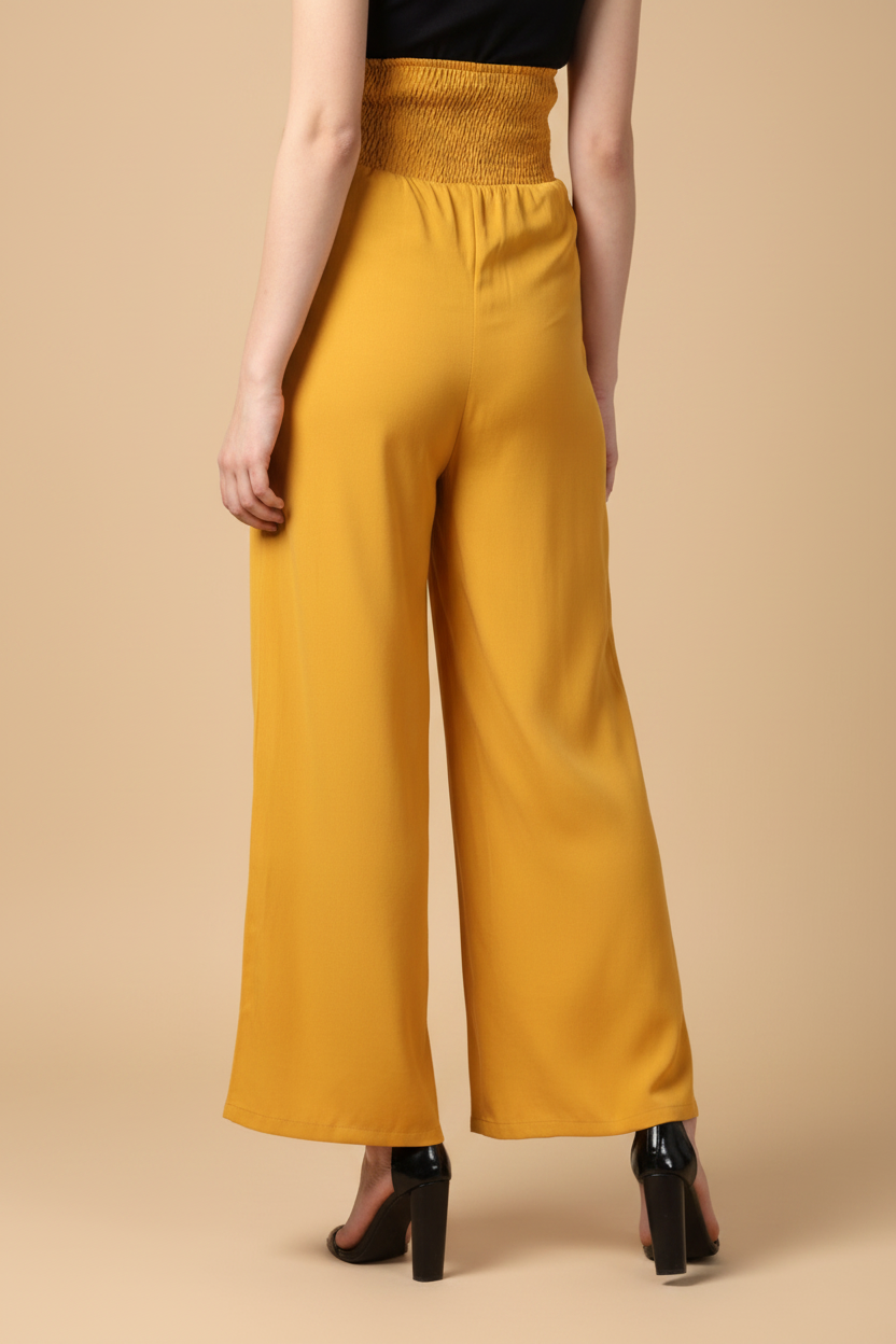 Snuggle Spot Women's Polyester Solid Smocked Trousers (Yellow)