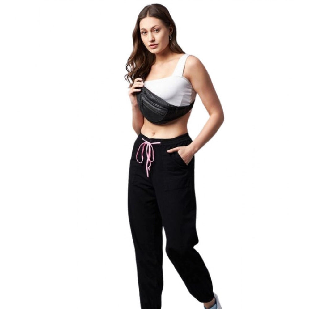 Snuggle Spot Women's Cotton Twill Solid Elasticated Trousers (Black)