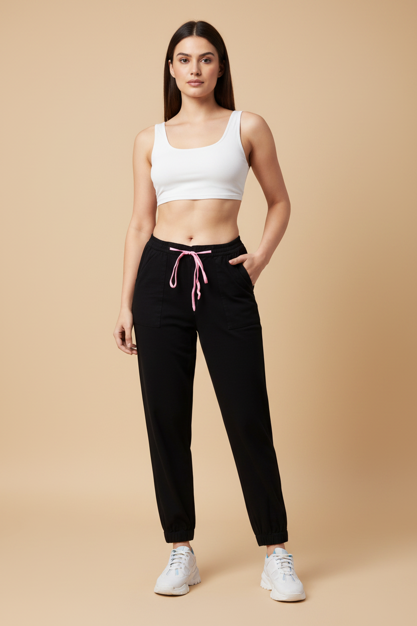 Snuggle Spot Women's Cotton Twill Solid Elasticated Trousers (Black)