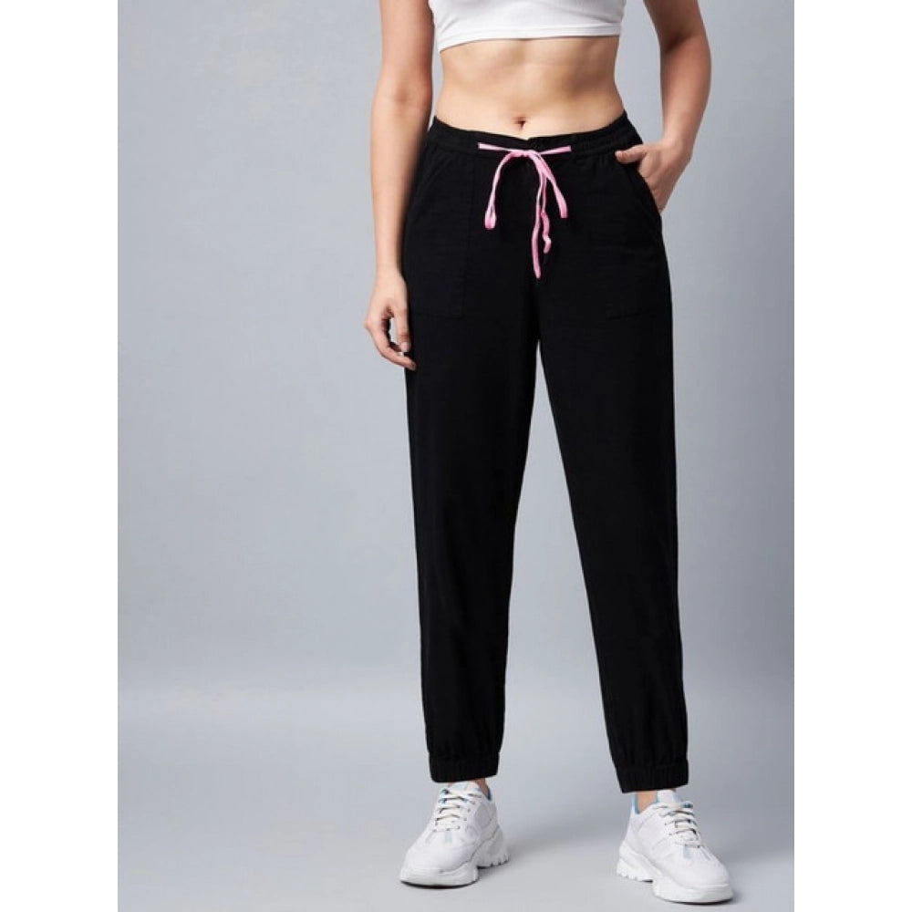 Snuggle Spot Women's Cotton Twill Solid Elasticated Trousers (Black)