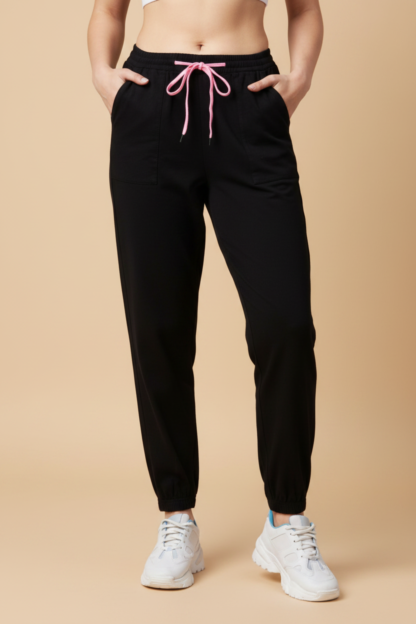 Snuggle Spot Women's Cotton Twill Solid Elasticated Trousers (Black)